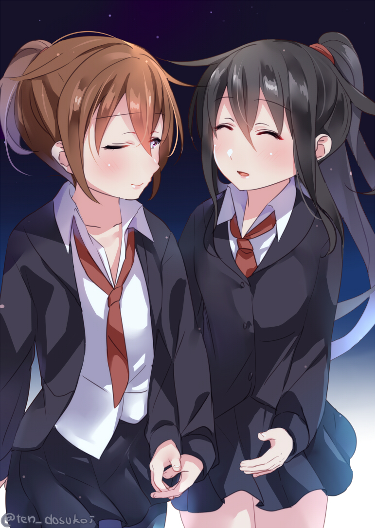 2girls alternate_hairstyle bangs black_jacket black_skirt blazer blush closed_eyes closed_mouth collarbone collared_shirt commentary_request couple dress_shirt eyebrows_visible_through_hair facing_another hair_between_eyes hand_holding hatsushimo_(kantai_collection) jacket juurouta kantai_collection lips long_hair long_sleeves looking_at_another loose_necktie miniskirt multiple_girls necktie one_eye_closed open_clothes open_mouth open_shirt pleated_skirt raised_eyebrows red_neckwear shirt skirt twitter_username wakaba_(kantai_collection) walking white_shirt wing_collar yuri