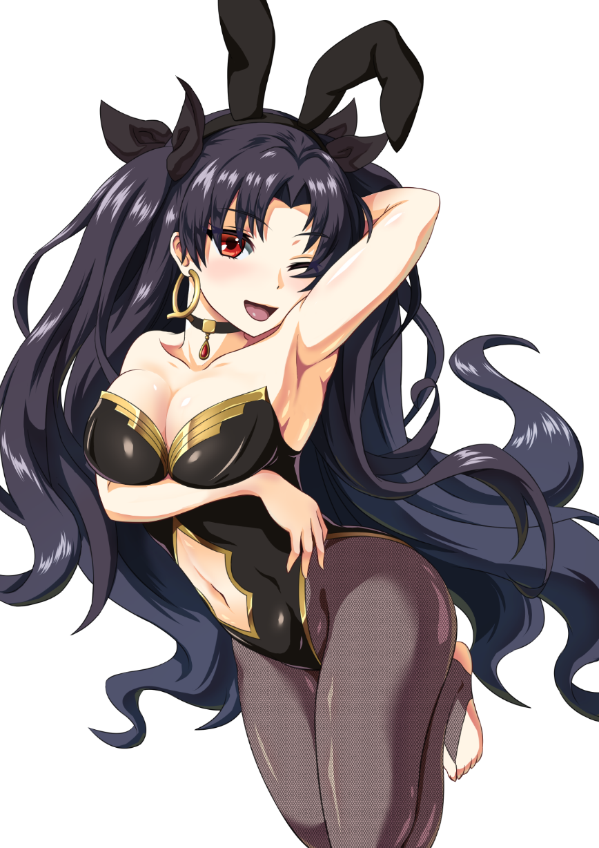 1girl animal_ears armpits black_hair black_legwear black_leotard breasts bunny_girl bunnysuit choker cleavage earrings fate/grand_order fate_(series) fishnet_pantyhose fishnets full_body highres hoop_earrings ishtar_(fate/grand_order) jewelry leotard long_hair looking_at_viewer medium_breasts navel_cutout pantyhose rabbit_ears red_eyes simple_background solo strapless strapless_leotard two_side_up urayama_(backmountain) white_background