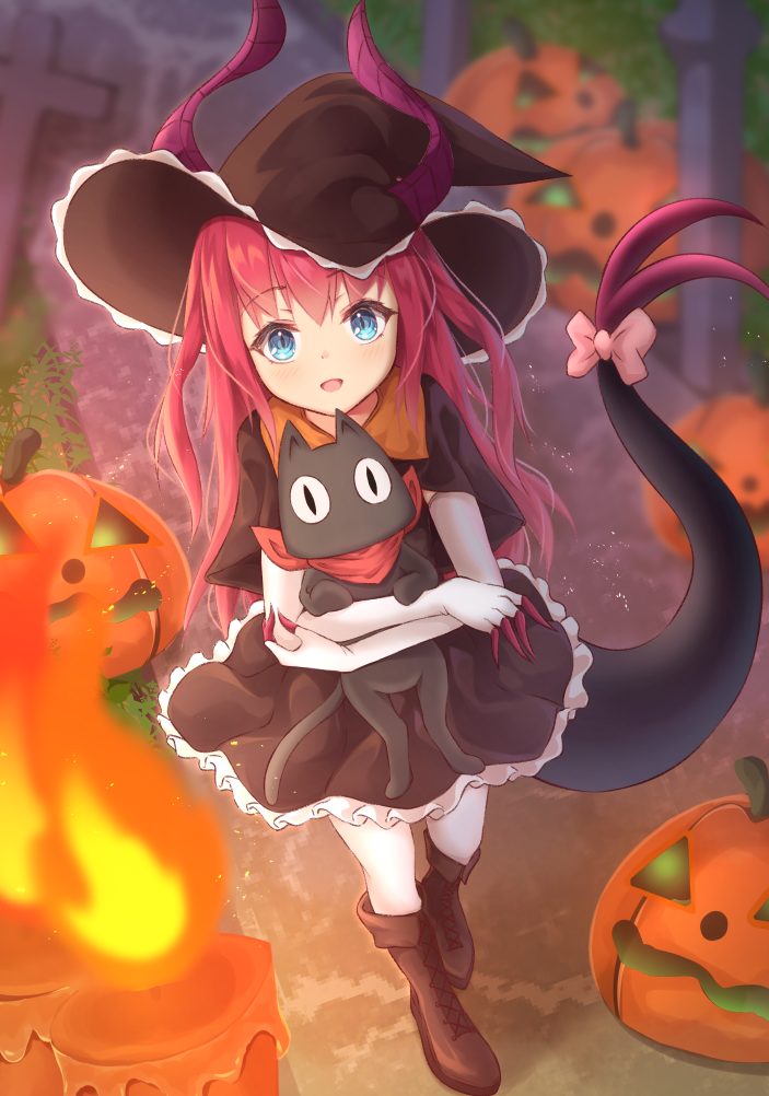 1girl :d bangs blue_eyes blush boots bow cat claws commentary_request cross-laced_footwear dragon_girl dragon_tail dress dutch_angle elbow_gloves elizabeth_bathory_(fate) elizabeth_bathory_(fate)_(all) fate/grand_order fate_(series) gloves hair_between_eyes halloween halloween_costume hat holding inora jack-o'-lantern knee_boots lace-up_boots long_hair looking_at_viewer open_mouth outdoors pink_hair pumpkin sakamoto_(nichijou) smile solo standing tail tail_bow white_legwear witch_hat