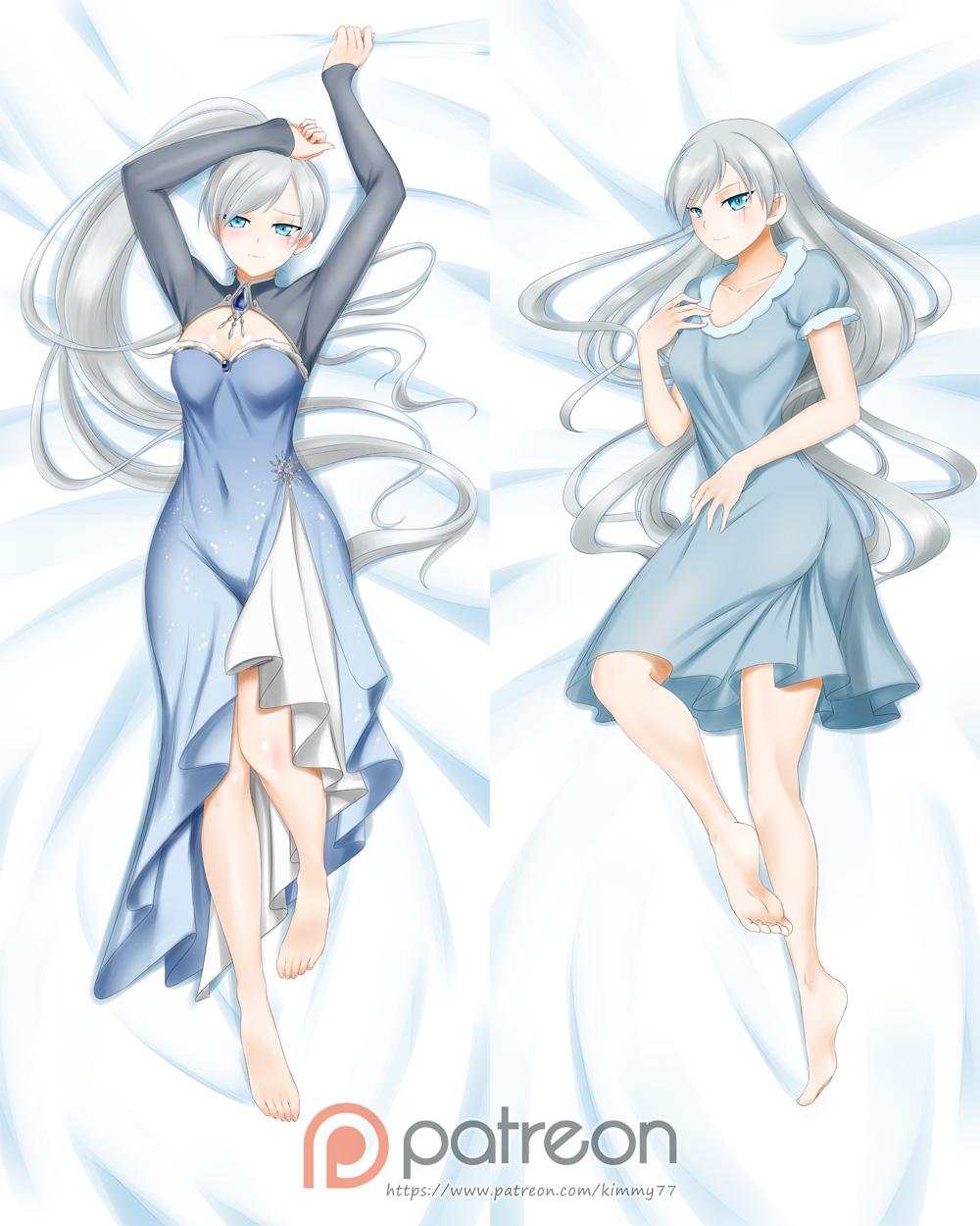 1girl alfred_cullado arms_up bangs barefoot bed_sheet blue_dress blue_eyes breasts cleavage_cutout collarbone covered_navel dakimakura dress from_above full_body highres long_hair looking_at_viewer lying on_back parted_bangs patreon_logo ponytail rwby scar scar_across_eye shiny shiny_hair short_dress silver_hair small_breasts smile soles solo very_long_hair watermark weiss_schnee