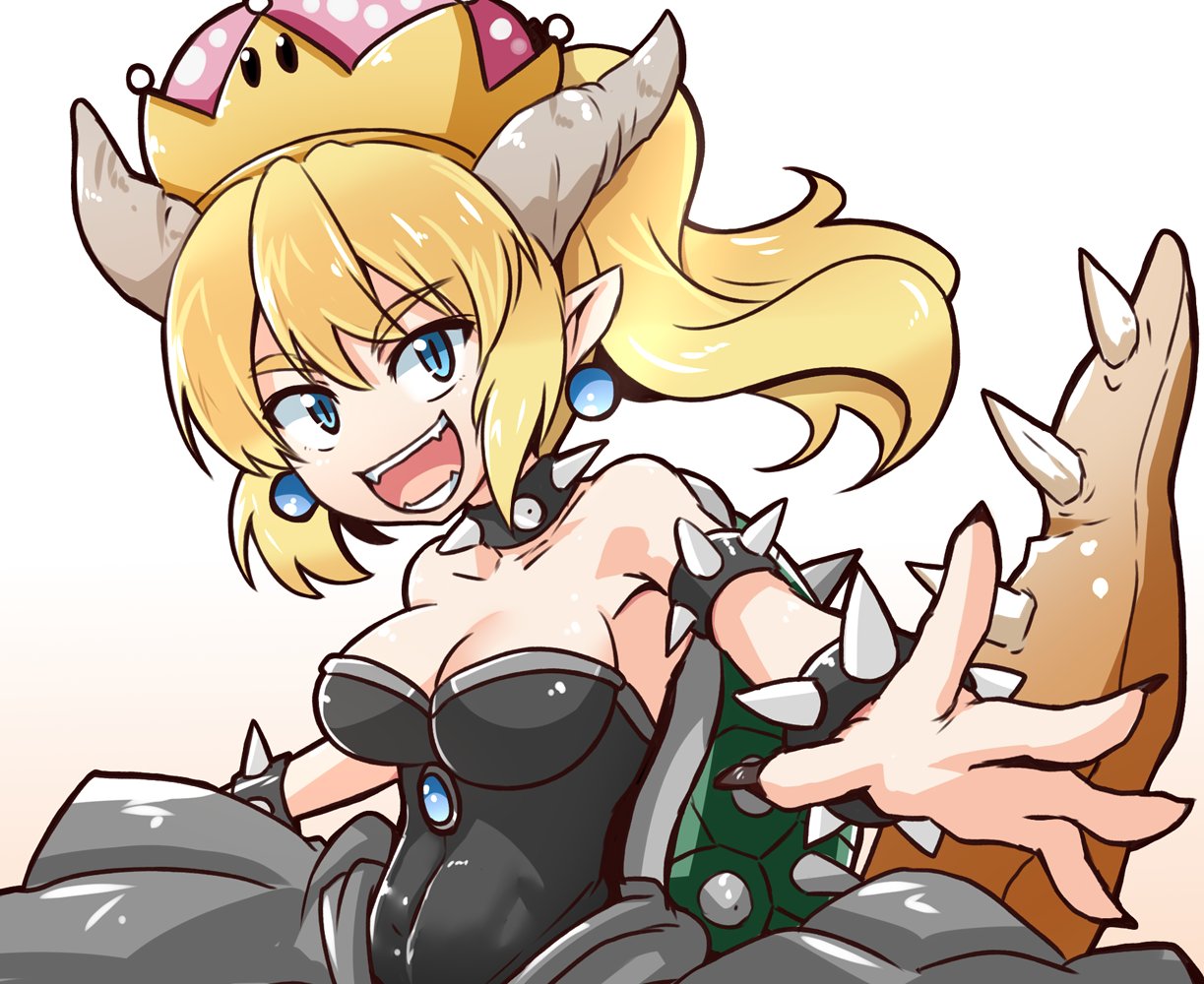 1girl bare_shoulders black_collar black_nails blonde_hair blue_earrings blue_eyes borrowed_design bowsette bracelet breasts brooch cleavage collar commentary_request covered_navel crown dress earrings eyebrows_visible_through_hair foreshortening gradient gradient_background head_tilt horns jewelry kitayama_miuki long_hair looking_at_viewer super_mario_bros. medium_hair nail_polish new_super_mario_bros._u_deluxe nintendo open_mouth pointy_ears sharp_teeth smile solo spiked_armlet spiked_bracelet spiked_collar spiked_shell spiked_tail spikes standing strapless strapless_dress super_crown super_mario_bros. tail teeth turtle_shell upper_body white_background wind