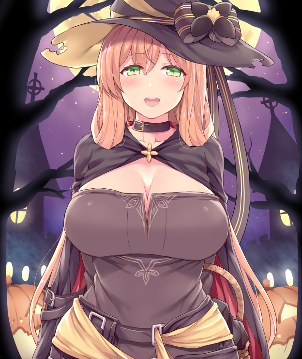 1girl :d arms_behind_back bangs bare_tree belt black_bow black_cape black_hat blush bow breasts brown_hair buckle cape cleavage collar collarbone commentary_request eyebrows_visible_through_hair full_moon girls_frontline green_eyes halloween halloween_costume hasu_(hk_works) hat hat_bow jack-o'-lantern large_breasts long_hair looking_at_viewer m1903_springfield_(girls_frontline) moon night night_sky open_mouth outdoors pumps round_teeth sky smile solo teeth tree upper_body upper_teeth very_long_hair witch witch_hat