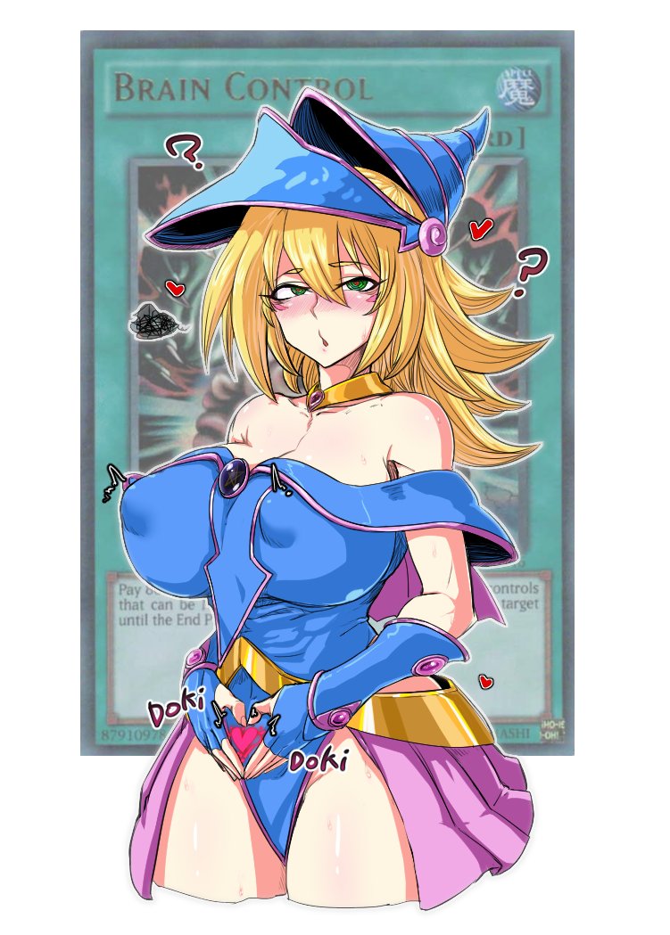 1girl ? bare_shoulders blonde_hair blush blush_stickers breasts card cleavage covered_nipples cowboy_shot cropped_legs dark_magician_girl green_eyes groin half-closed_eyes hat heart heart-shaped_pupils hypnosis large_breasts leotard looking_at_viewer mind_control off_shoulder parallax05 showgirl_skirt simple_background solo strapless symbol-shaped_pupils white_background wizard_hat yu-gi-oh!