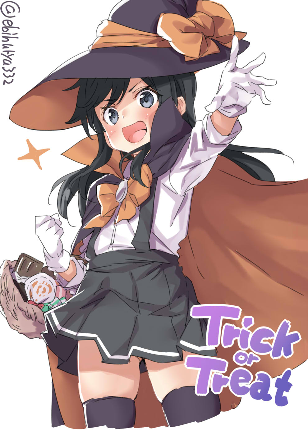 1girl asashio_(kantai_collection) basket black_cape black_hair black_legwear blue_eyes bow candy cape commentary_request cowboy_shot cropped_legs ebifurya food gloves grey_skirt halloween hat highres kantai_collection long_hair open_mouth orange_bow outstretched_arm pleated_skirt shirt simple_background skirt smile solo suspender_skirt suspenders thigh-highs white_background white_gloves white_shirt witch_hat