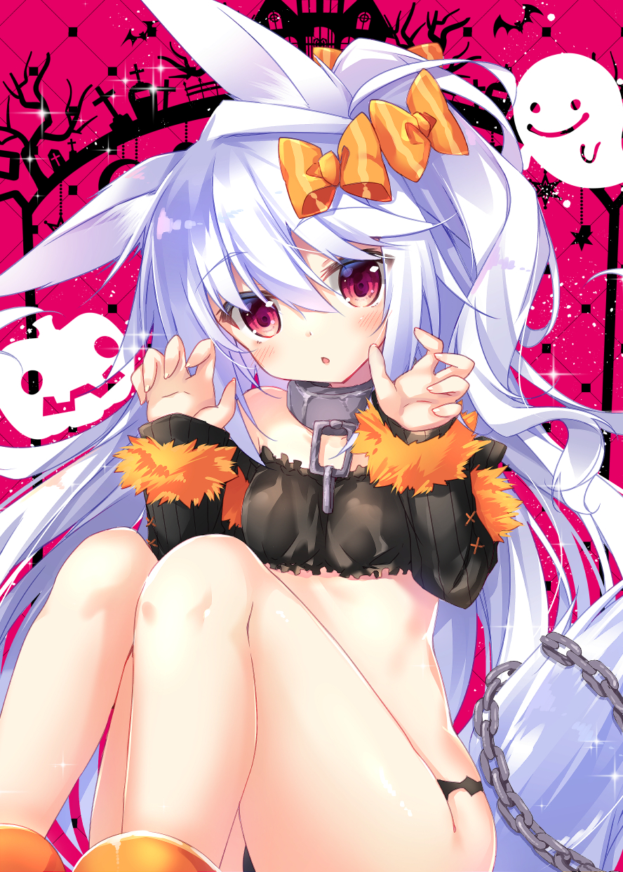 1girl animal_ear_fluff animal_ears bangs black_bra black_panties black_sleeves blush bow bra chains character_request claw_pose collar collarbone commentary_request detached_sleeves eyebrows_visible_through_hair feet_out_of_frame fingernails frilled_bra frills fur-trimmed_sleeves fur_trim ghost hair_between_eyes hair_bow hakoniwa_oukoku_no_souzoushu-sama hands_up head_tilt highres long_hair long_sleeves looking_at_viewer nanamomo_rio orange_bow panties parted_lips red_eyes silver_hair sitting sleeves_past_wrists solo tail underwear underwear_only very_long_hair