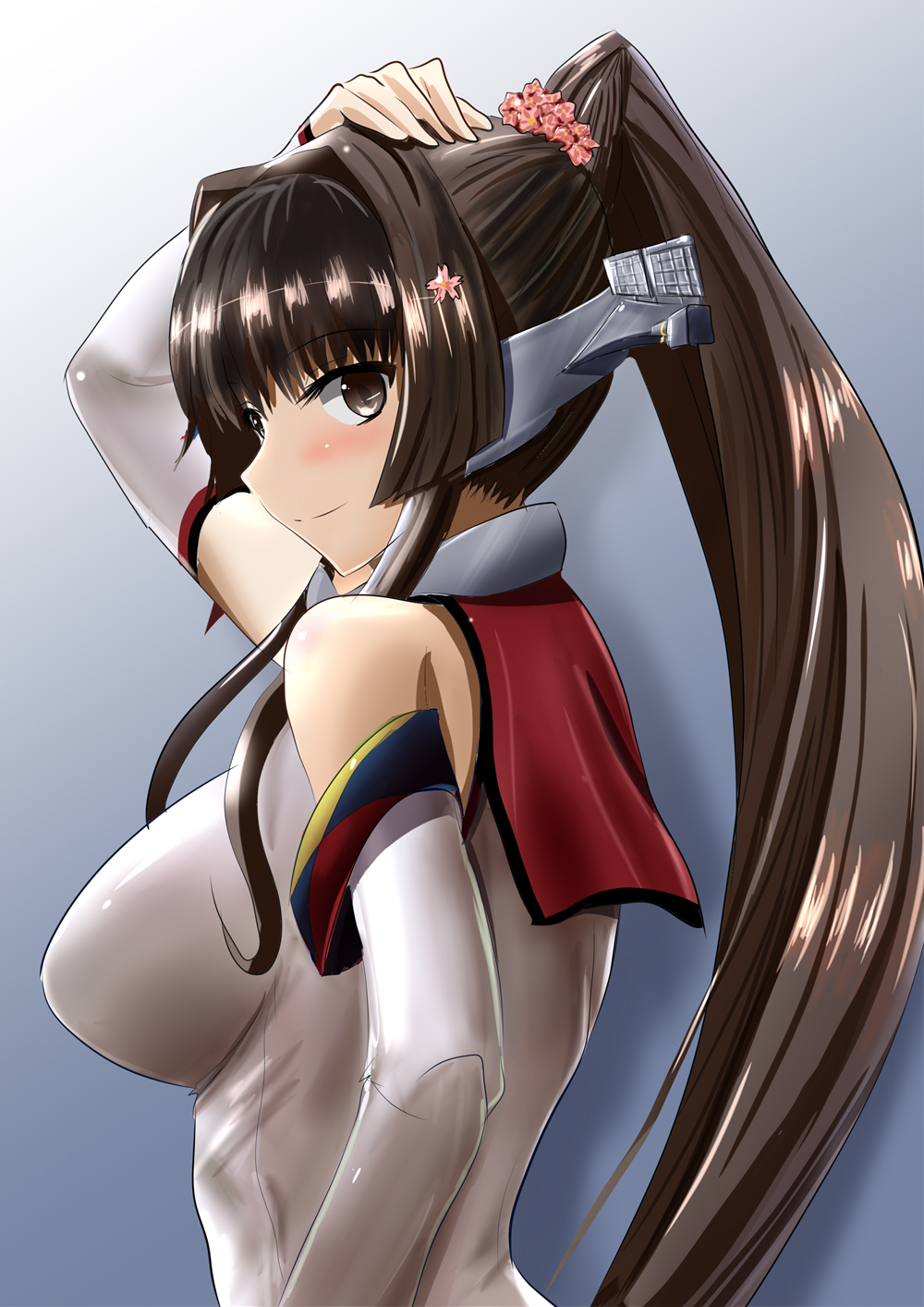 1girl arm_up bangs bare_shoulders blush breasts brown_eyes brown_hair closed_mouth commentary_request detached_sleeves eyebrows_visible_through_hair eyes_visible_through_hair from_side hand_on_own_head headgear high_ponytail highres kantai_collection large_breasts long_hair long_sleeves looking_at_viewer looking_to_the_side nape rigging smile solo upper_body very_long_hair white_sleeves yamato_(kantai_collection) yuuk33