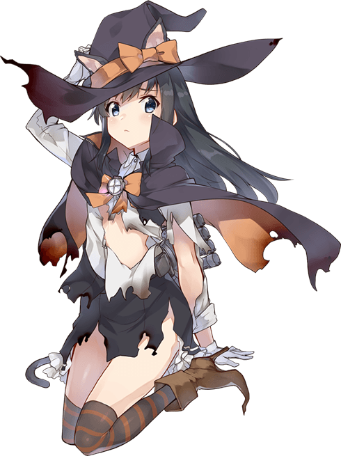 1girl animal_ears asashio_(kantai_collection) black_cape black_hair black_legwear blue_eyes bow cape cat_ears cat_tail cropped_legs food full_body gloves grey_skirt halloween hat kantai_collection konishi_(koconatu) long_hair official_art orange_bow pleated_skirt remodel_(kantai_collection) shirt skirt solo staff suspender_skirt suspenders tail thigh-highs v-shaped_eyebrows white_gloves white_shirt witch_hat