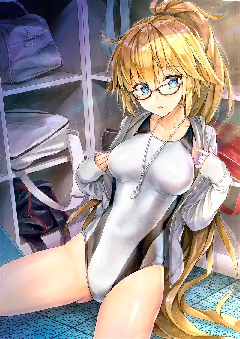 1girl bag bangs blonde_hair blue_eyes blush collarbone commentary_request competition_swimsuit eyebrows_visible_through_hair fate/grand_order fate_(series) glasses hair_tie jacket jacket_on_shoulders jacket_over_swimsuit jeanne_d'arc_(fate)_(all) jeanne_d'arc_(swimsuit_archer) kotatsu_(kotatsu358) light_particles light_rays locker locker_room long_hair looking_at_viewer nail_polish one-piece_swimsuit open_mouth ponytail sitting sitting_on_floor sleeves_past_wrists solo swimsuit swimsuit_under_clothes very_long_hair whistle white_swimsuit