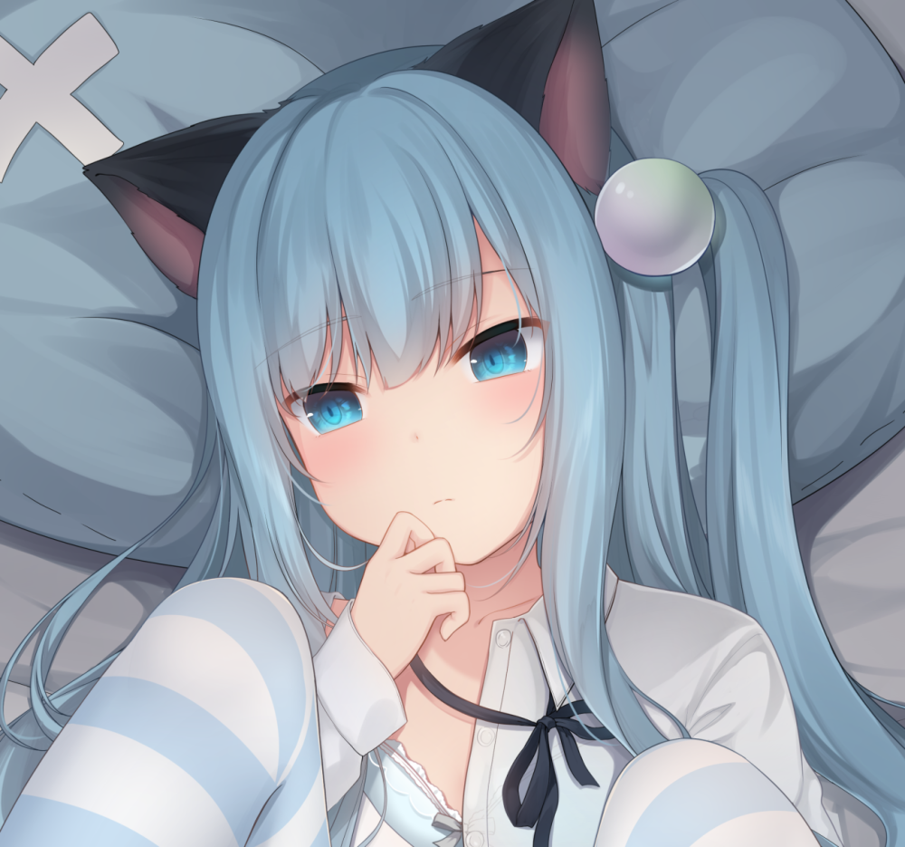 1girl amashiro_natsuki animal_ears bed_sheet black_ribbon blue_bra blue_eyes blue_hair blush bow bow_bra bra cat_ears closed_mouth collarbone collared_shirt commentary_request dress_shirt head_tilt knees_up long_hair looking_away looking_to_the_side lying on_back one_side_up original pantyhose pillow ribbon shirt solo striped striped_legwear underwear upper_body white_shirt