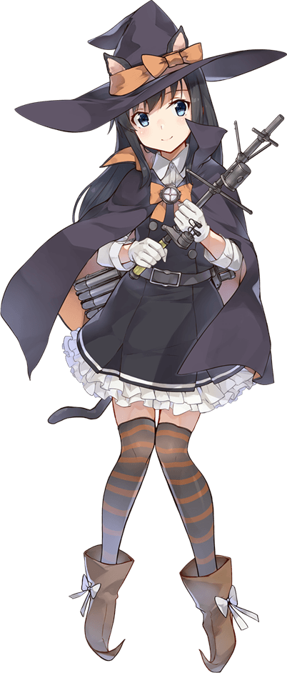 1girl animal_ears asashio_(kantai_collection) black_cape black_hair black_legwear blue_eyes bow cape cat_ears cat_tail cropped_legs food full_body gloves grey_skirt halloween hat kantai_collection konishi_(koconatu) long_hair official_art orange_bow pleated_skirt remodel_(kantai_collection) shirt skirt smile solo staff suspender_skirt suspenders tail thigh-highs v-shaped_eyebrows white_gloves white_shirt witch_hat