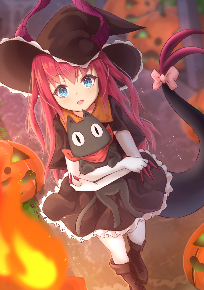 1girl :d bangs blue_eyes boots bow cat claws commentary_request cross-laced_footwear dragon_girl dragon_tail dress dutch_angle elizabeth_bathory_(fate) elizabeth_bathory_(fate)_(all) fate/grand_order fate_(series) hair_between_eyes halloween halloween_costume hat holding inora jack-o'-lantern knee_boots lace-up_boots long_hair looking_at_viewer open_mouth outdoors pink_hair pumpkin sakamoto_(nichijou) smile solo standing tail tail_bow white_legwear witch_hat