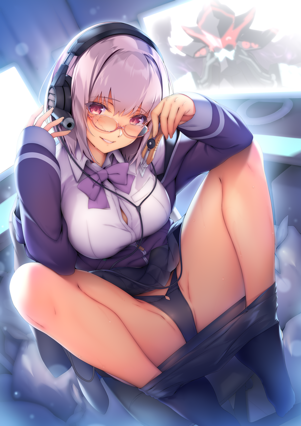 1girl bangs black_legwear black_panties black_skirt blush breasts broken_eyewear eyebrows_visible_through_hair glasses grin hands_up headphones headset indoors knees_up large_breasts legs miniskirt monitor panties pantyhose pantyhose_pull pleated_skirt purple_hair ryuji_(ikeriu) semi-rimless_eyewear shinjou_akane sidelocks skirt sleeves_past_wrists smile ssss.gridman thighs under-rim_eyewear underwear violet_eyes