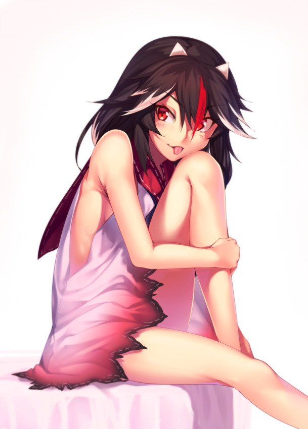 1girl :p adapted_costume bangs bare_arms bare_legs bare_shoulders black_hair blush dress eyebrows_visible_through_hair feet_out_of_frame hair_between_eyes horns kaiza_(rider000) kijin_seija knee_up leg_hug long_hair looking_at_viewer multicolored_hair neckerchief red_sailor_collar redhead sailor_collar short_dress simple_background sitting sleeveless sleeveless_dress smile solo streaked_hair thighs tongue tongue_out touhou white_background white_dress white_hair
