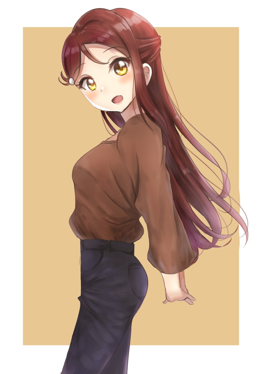 1girl :d bangs black_pants blush breasts brown_background brown_eyes brown_shirt commentary_request eyebrows_visible_through_hair head_tilt highres long_hair long_sleeves looking_at_viewer looking_to_the_side love_live! love_live!_sunshine!! open_mouth pants puffy_long_sleeves puffy_sleeves redhead sakurauchi_riko shirt sin_(sin52y) small_breasts smile solo two-tone_background very_long_hair white_background