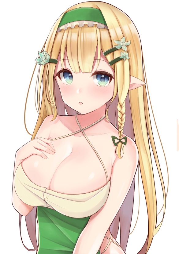 1girl artist_request bare_shoulders blonde_hair blue_eyes blush braid breasts cleavage elf flower hair_ornament hairclip headband large_breasts long_hair original pointy_ears solo