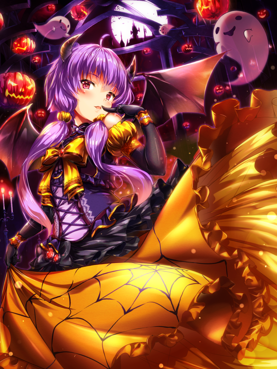 1girl ahoge bangs bare_shoulders bat bat_wings black_gloves black_wings blush bow bug_(artist) candle dress elbow_gloves eyebrows_visible_through_hair fire ghost gloves halloween hand_up highres horns jack-o'-lantern long_hair low_twintails open_mouth orange_bow pink_eyes pumpkin purple_hair solo spider_web_print twintails vocaloid voiceroid wings yuzuki_yukari