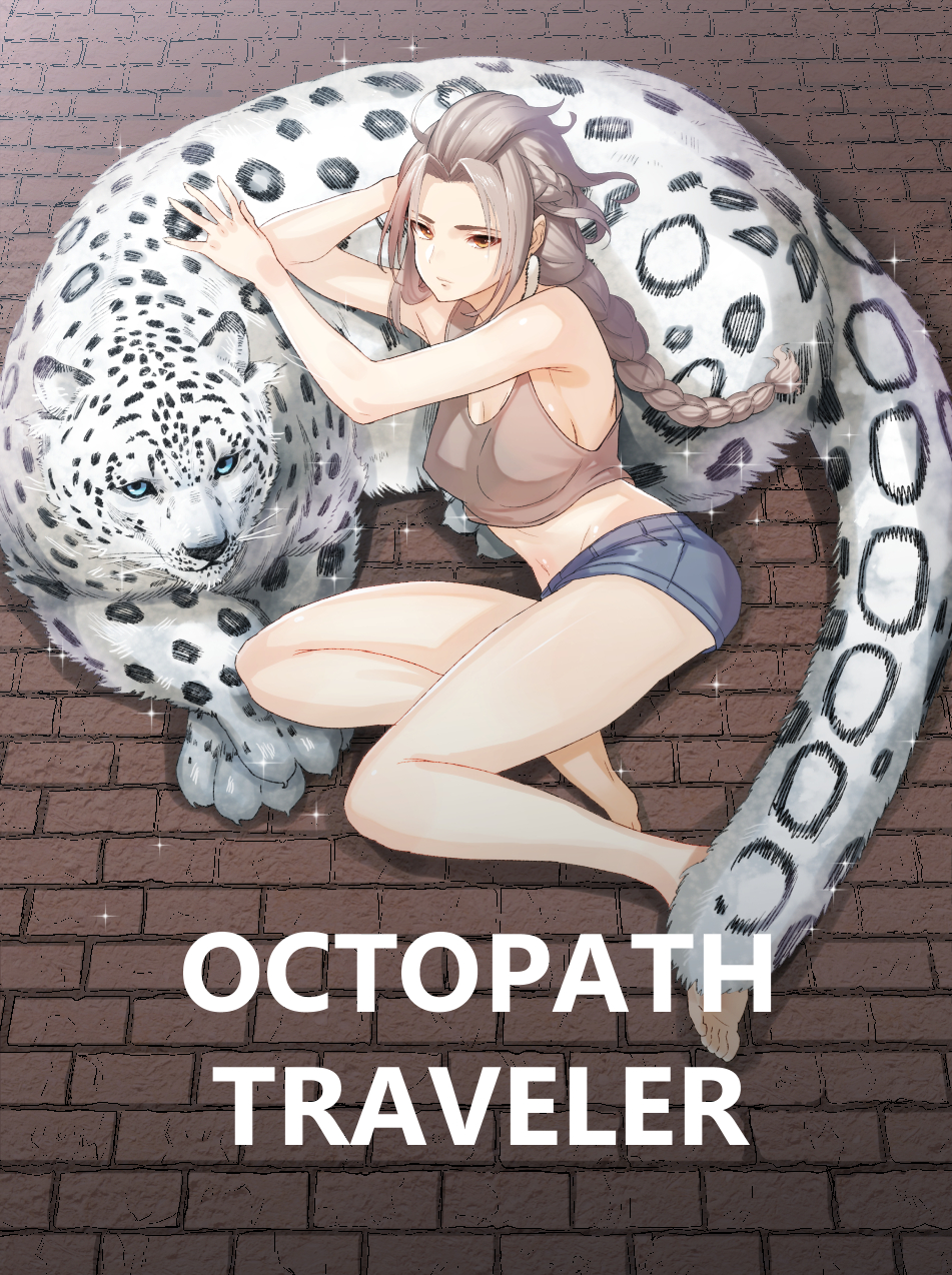 1girl alternate_costume animal bare_shoulders barefoot blonde_hair braid breasts commentary_request contemporary floor green322 h'aanit_(octopath_traveler) highres linde_(octopath_traveler) long_hair looking_at_viewer midriff navel octopath_traveler shorts snow_leopard solo tank_top