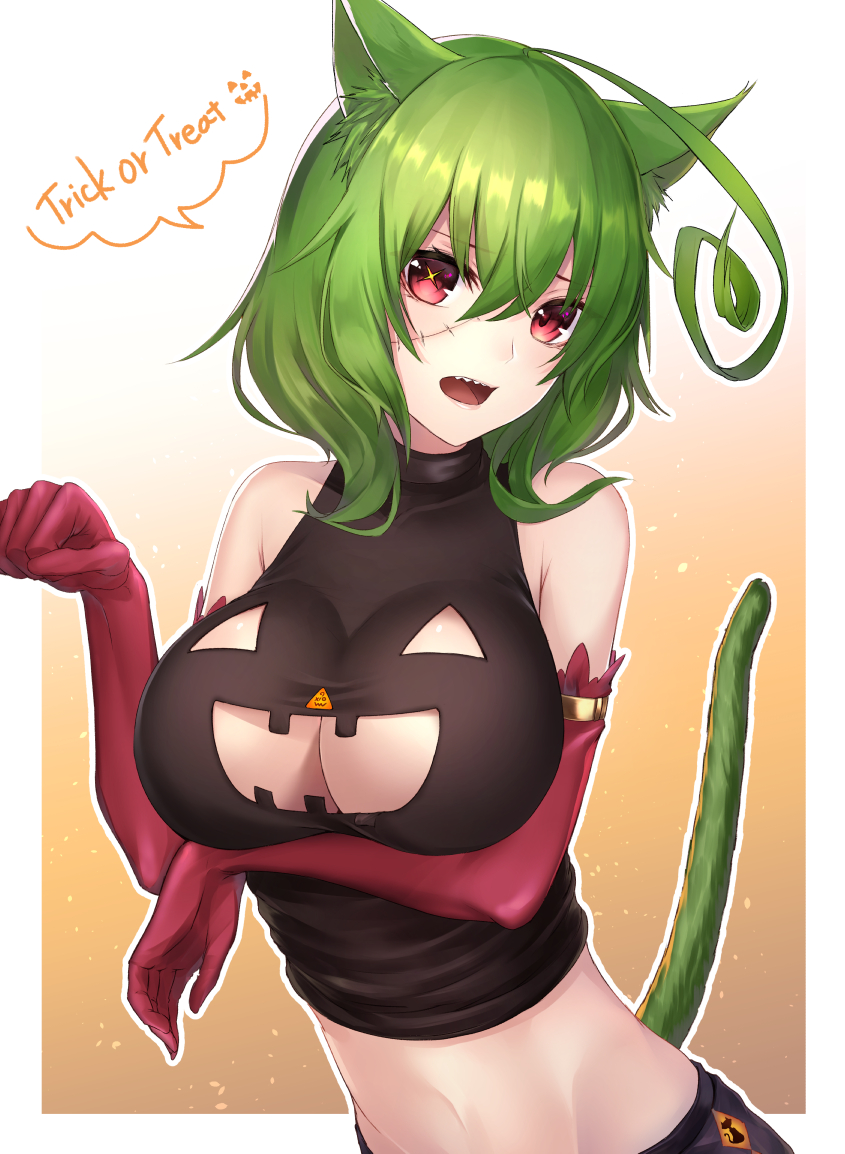 1girl animal_ear_fluff animal_ears bangs bare_shoulders black_shirt blush breasts cat_ears cat_girl cat_tail cleavage cleavage_cutout commentary_request elbow_gloves eyebrows_visible_through_hair gloves gradient gradient_background green_hair hair_between_eyes halloween head_tilt large_breasts long_hair looking_at_viewer midriff navel open_mouth orange_background original red_eyes red_gloves sharp_teeth shirt sleeveless sleeveless_shirt solo stitches tail tail_raised teeth trick_or_treat upper_body white_background yukihama