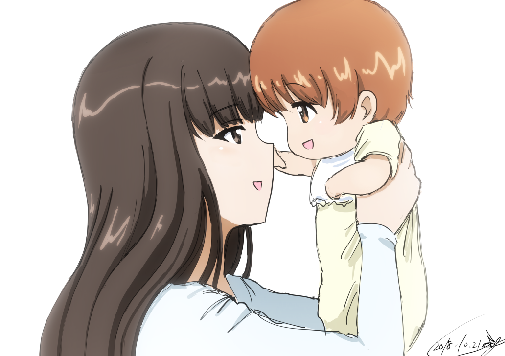 2girls artist_name baby bangs blunt_bangs brown_eyes brown_hair bukkuri commentary dated eyebrows_visible_through_hair from_side girls_und_panzer lifting_person long_hair long_sleeves looking_at_another mother_and_daughter multiple_girls nishizumi_miho nishizumi_shiho onesie open_mouth shirt short_hair signature simple_background smile straight_hair very_short_hair white_background white_shirt younger