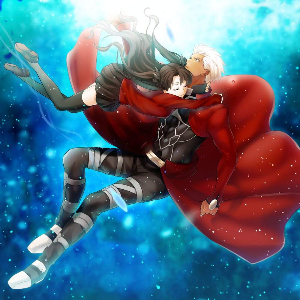 1boy 1girl archer black_bow black_legwear black_skirt bow brown_footwear brown_hair cape closed_eyes couple dark_skin fate/stay_night fate_(series) floating_hair full_body hair_bow hug loafers long_hair looking_up miniskirt nina_(pastime) pleated_skirt red_cape red_sweater shoes silver_hair skirt sweater thigh-highs tohsaka_rin twintails very_long_hair zettai_ryouiki