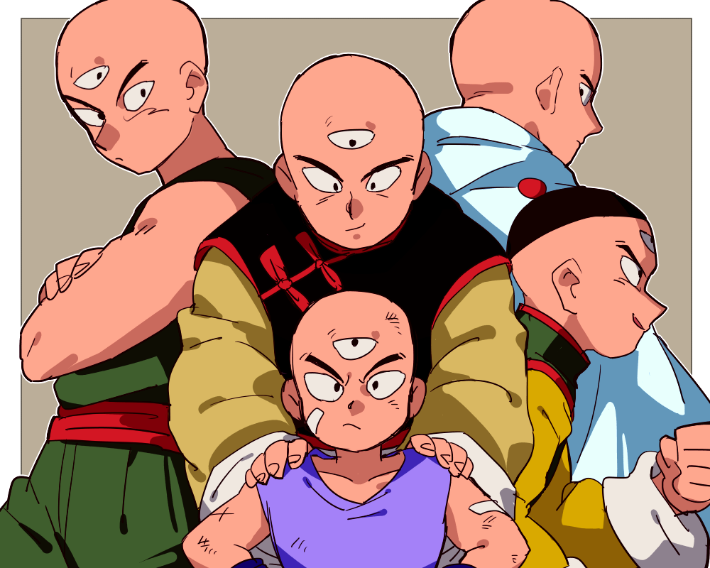 5boys age_difference bald black_eyes border cape chinese_clothes clenched_hand crossed_arms dirty dirty_clothes dirty_face dougi dragon_ball dragon_ball_(classic) dragon_ball_super dragonball_z fingernails frown goro_(szyk7834) grey_background grin hand_on_another's_shoulder hand_on_hip hat height_difference lavender_shirt light_smile long_sleeves looking_at_another looking_at_viewer looking_away looking_back looking_down male_focus multiple_boys multiple_persona outside_border profile serious shirt simple_background sleeveless sleeveless_shirt smile tenshinhan third_eye upper_body white_cape younger