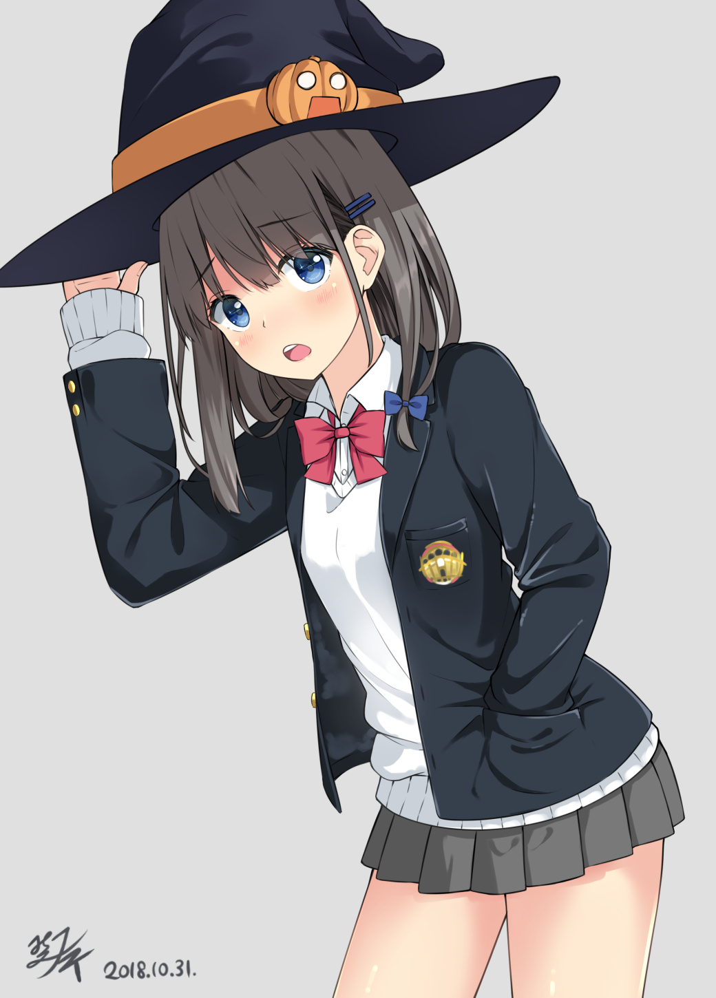 1girl :o bangs black_hat blazer blue_bow blue_eyes blush bow bowtie buttons collared_shirt commentary_request contrapposto cowboy_shot dated emblem eyebrows_visible_through_hair grey_background grey_hair grey_skirt hair_bow hair_ornament hairclip hand_in_pocket hand_on_headwear hand_up hat highres jacket leaning_forward long_hair long_sleeves looking_at_viewer miko_fly miniskirt o_o open_clothes open_jacket original pleated_skirt pumpkin red_neckwear school_uniform shirt sidelocks signature simple_background skirt solo standing sweater teeth thighs uniform white_shirt white_sweater wing_collar witch_hat