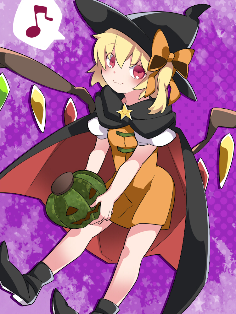 1girl :&gt; alternate_costume blonde_hair boots bow cape commentary_request dress flandre_scarlet hair_bow hammer_(sunset_beach) hat heart jack-o'-lantern looking_at_viewer orange_dress pumpkin red_eyes short_hair side_ponytail smile solo spoken_heart star touhou wings witch_hat