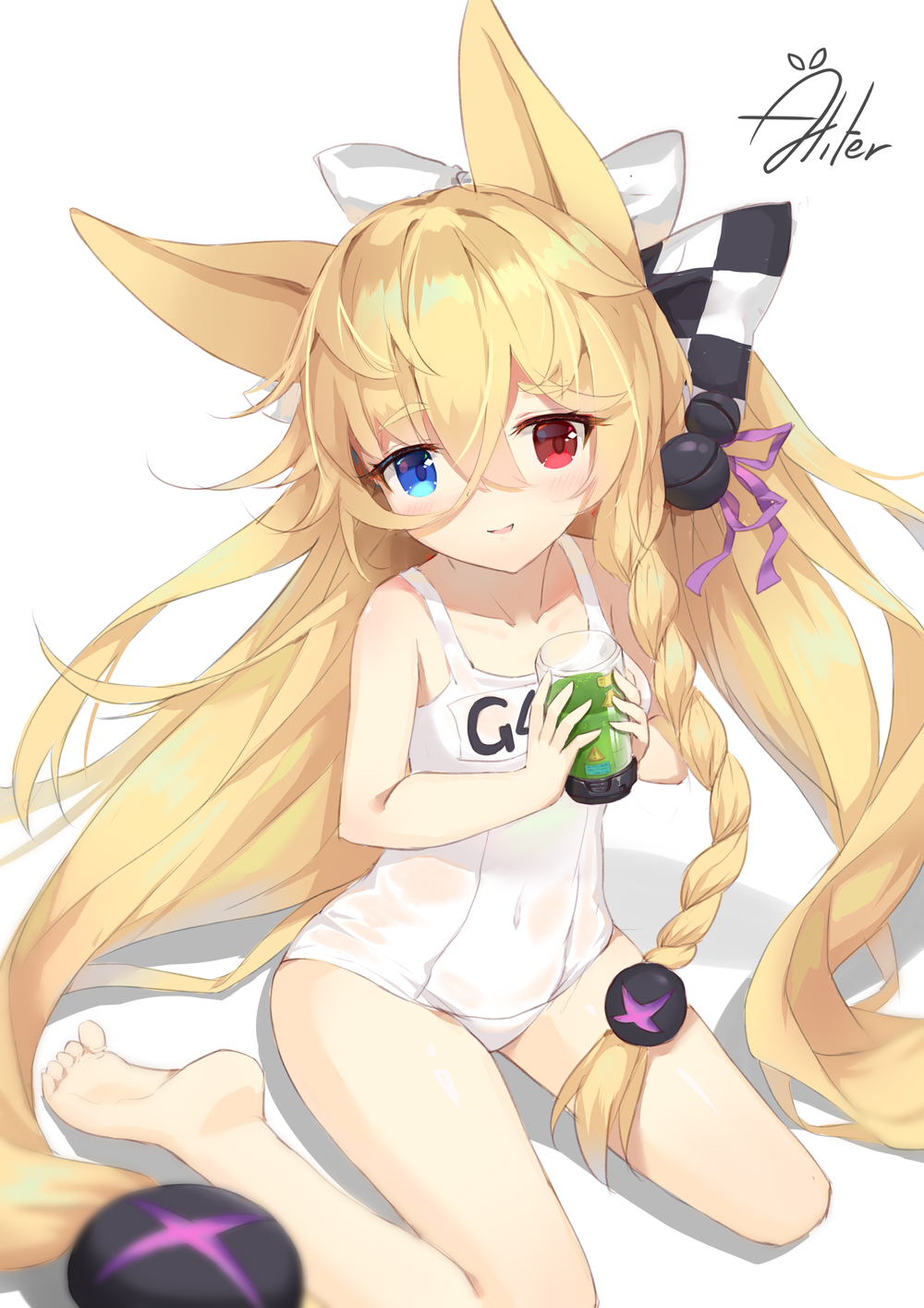 1girl aliter animal_ears bangs bare_legs barefoot blonde_hair blue_eyes blush bow character_name checkered checkered_bow collarbone covered_navel eyebrows_visible_through_hair fox_ears g41_(girls_frontline) girls_frontline hair_between_eyes hair_bow hair_ribbon head_tilt heterochromia highres holding long_hair low-tied_long_hair name_tag old_school_swimsuit parted_lips purple_ribbon red_eyes ribbon school_swimsuit see-through shadow signature sitting smile soles solo swimsuit very_long_hair wariza wet wet_clothes wet_swimsuit white_background white_bow white_swimsuit