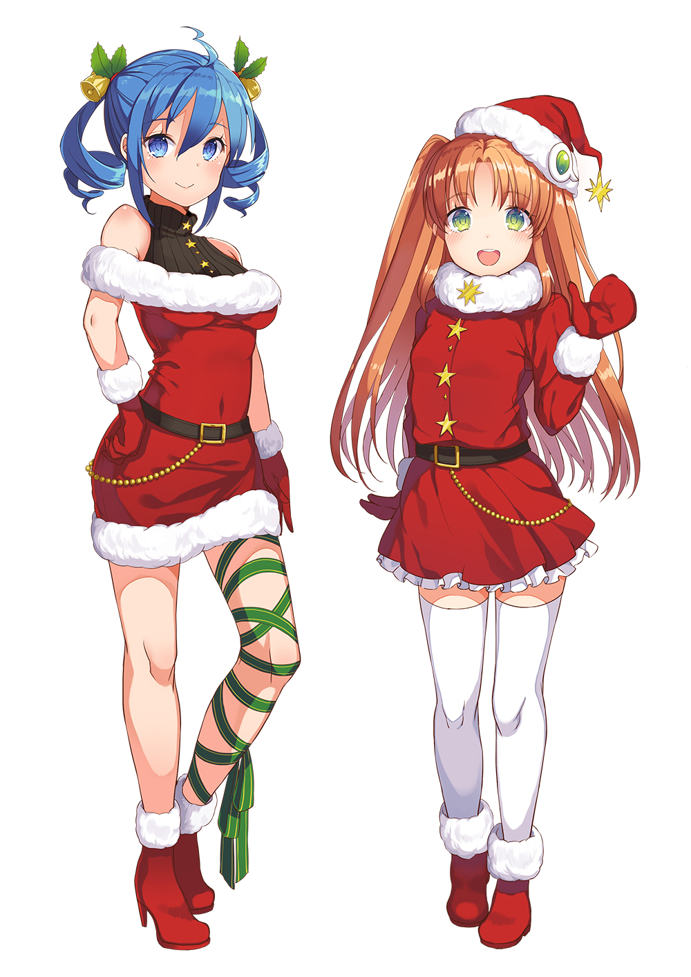 2girls :d ahoge amiami_(company) amico ankle_boots bangs bare_shoulders bell belt belt_buckle blue_eyes blue_hair blush boots breasts buckle christmas closed_mouth contrapposto covered_navel dress drill_hair eyebrows_visible_through_hair full_body fur-trimmed_dress fur-trimmed_gloves fur-trimmed_sleeves fur_collar fur_trim gloves green_eyes hair_bell hair_between_eyes hair_ornament hand_on_hip hat high_heel_boots high_heels highres leg_ribbon lilco long_hair looking_at_viewer medium_breasts mittens multiple_girls official_art open_mouth orange_hair parted_bangs red_dress ribbon santa_boots santa_costume santa_gloves santa_hat short_dress simple_background smile standing star thigh-highs turtleneck twin_drills twintails two_side_up waving white_background white_legwear yumekui zettai_ryouiki