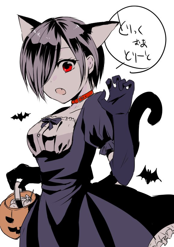 1girl animal_ears bat belt_collar black_hair bow bowtie cat_ears claw_pose collar collarbone dress fang frilled_dress frills gloves hair_over_one_eye halloween kirishima_touka looking_at_viewer open_mouth pixie_cut red_eyes senchii_tg short_hair solo tail tokyo_ghoul