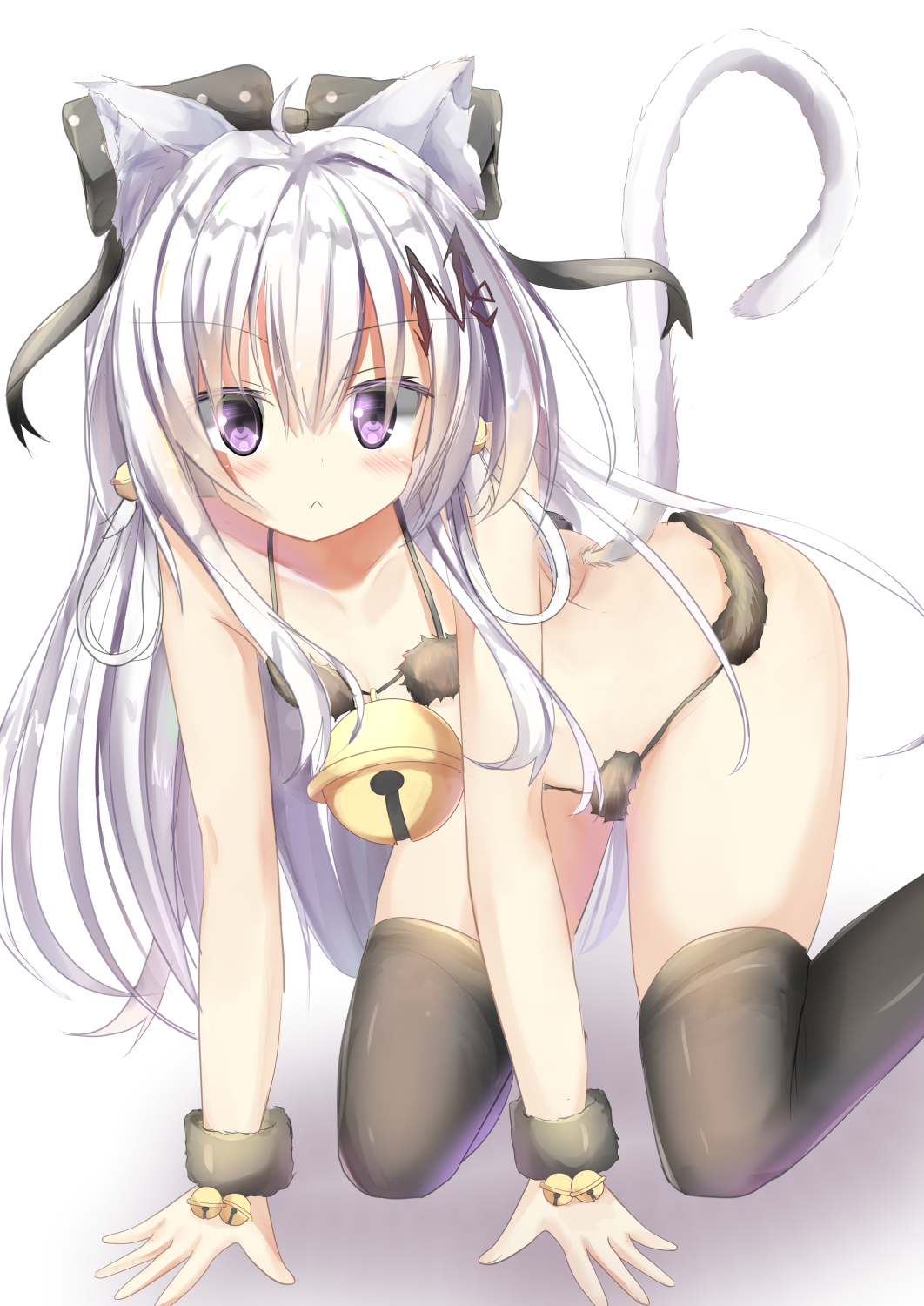 1girl :&lt; ahoge all_fours animal_ear_fluff animal_ears arched_back ass bangs bare_shoulders bell bikini black_bikini black_bow black_legwear blush bow cat_ears cat_girl cat_tail closed_mouth collarbone commentary_request eyebrows_visible_through_hair fingernails fur_bikini hair_bell hair_between_eyes hair_bow hair_ornament hair_ribbon highres jingle_bell long_hair looking_at_viewer na!?_(naxtuyasai) original polka_dot polka_dot_bow ribbon silver_hair solo swimsuit tail tail_raised thigh-highs very_long_hair violet_eyes