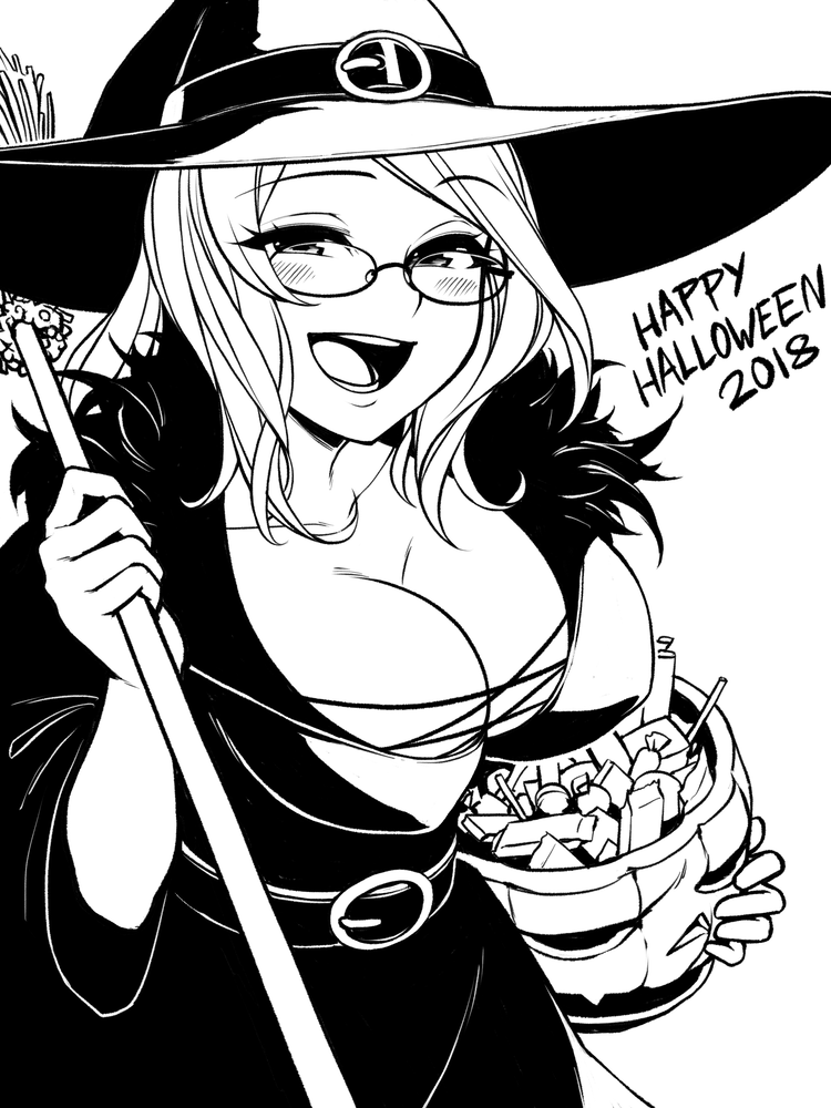 1girl 2018 :d belt breasts broom candy cleavage commentary english_commentary eyebrows_visible_through_hair food fur_collar glasses greyscale halloween_basket halloween_costume happy_halloween hat hat_belt high_contrast inktober large_breasts long_hair monochrome monorus open_mouth original robe simple_background smile solo witch_hat