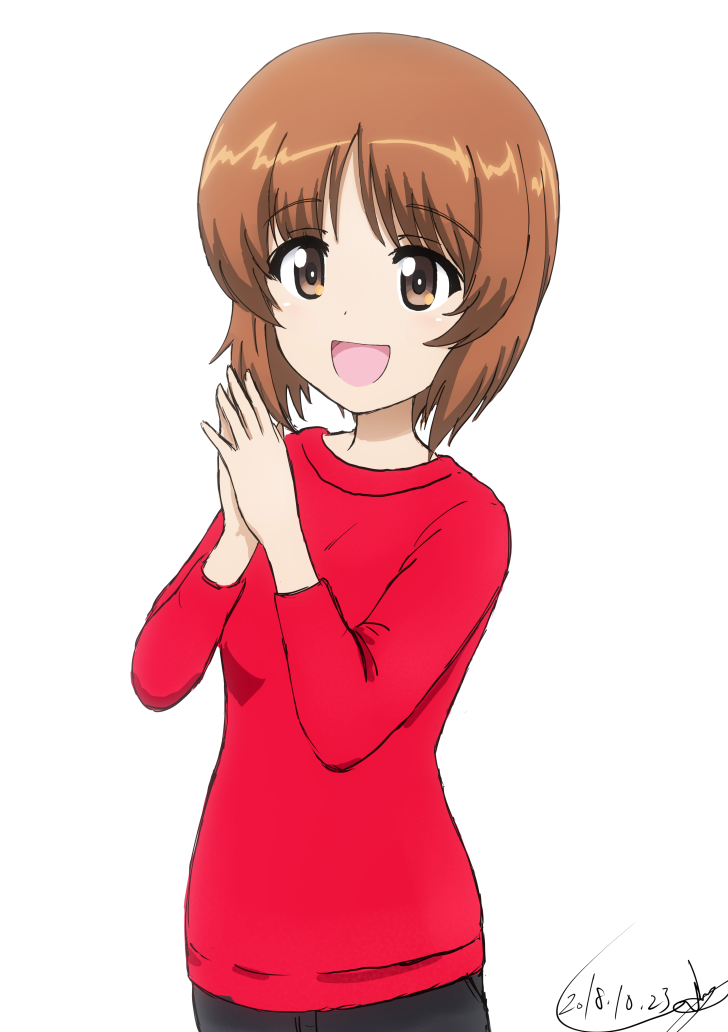 1girl :d artist_name bangs black_pants brown_eyes brown_hair bukkuri casual commentary cowboy_shot dated eyebrows_visible_through_hair girls_und_panzer hands_together long_sleeves looking_at_viewer nishizumi_miho open_mouth pants red_shirt shirt short_hair signature simple_background smile solo standing white_background