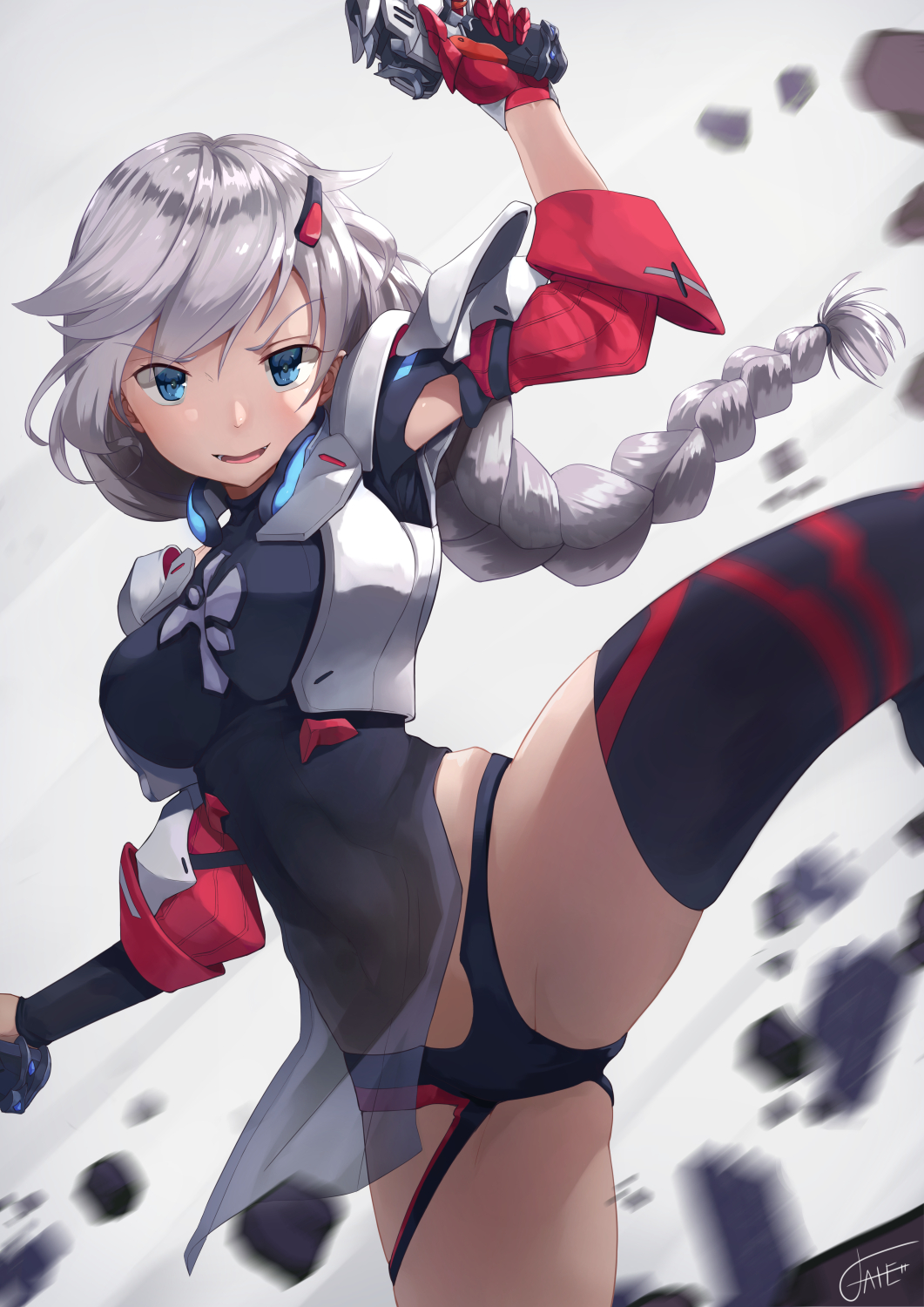 1girl action arm_cutout arm_up armor bangs blue_eyes blush braid breasts covered_navel detached_sleeves dress dual_wielding ekusufeito eyebrows_visible_through_hair floating_hair gloves groin gun hair_between_eyes hair_ornament hands_up highres holding holding_gun holding_weapon honkai_impact kallen_kaslana kicking large_breasts long_hair looking_at_viewer motion_blur neck_guard open_mouth pelvic_curtain rubble see-through short_dress signature silver_hair single_braid single_glove single_thighhigh smile solo standing standing_on_one_leg thigh-highs thighs tied_hair turtleneck_dress weapon wind