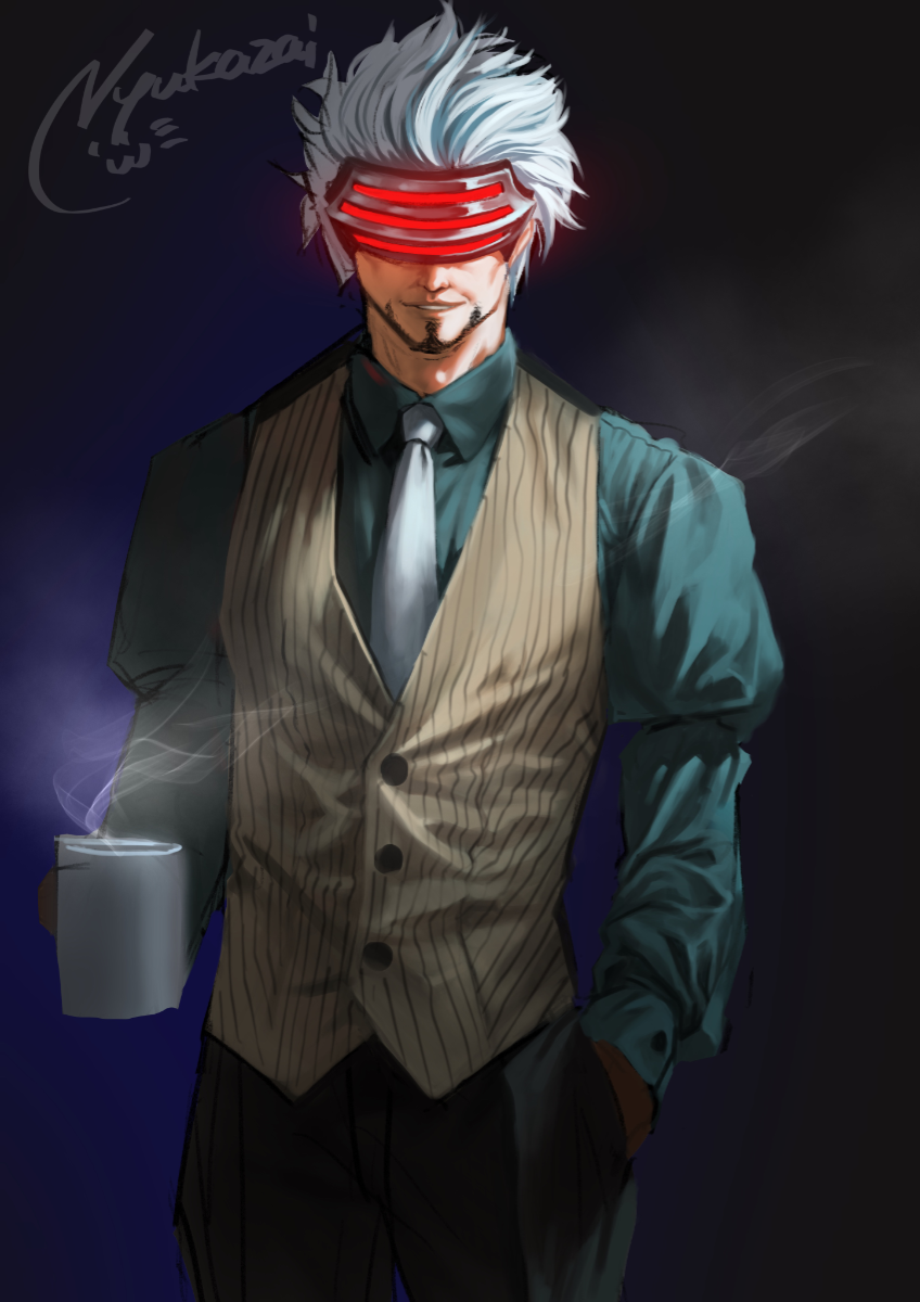 1boy artist_name beard black_background black_pants brown_vest coffee_mug cup facial_hair facing_viewer godot green_shirt grin gyakuten_saiban gyakuten_saiban_3 hand_in_pocket highres holding holding_cup long_sleeves male_focus mug necktie nyuukazai pants shirt simple_background smile solo standing steam vest visor white_hair white_neckwear