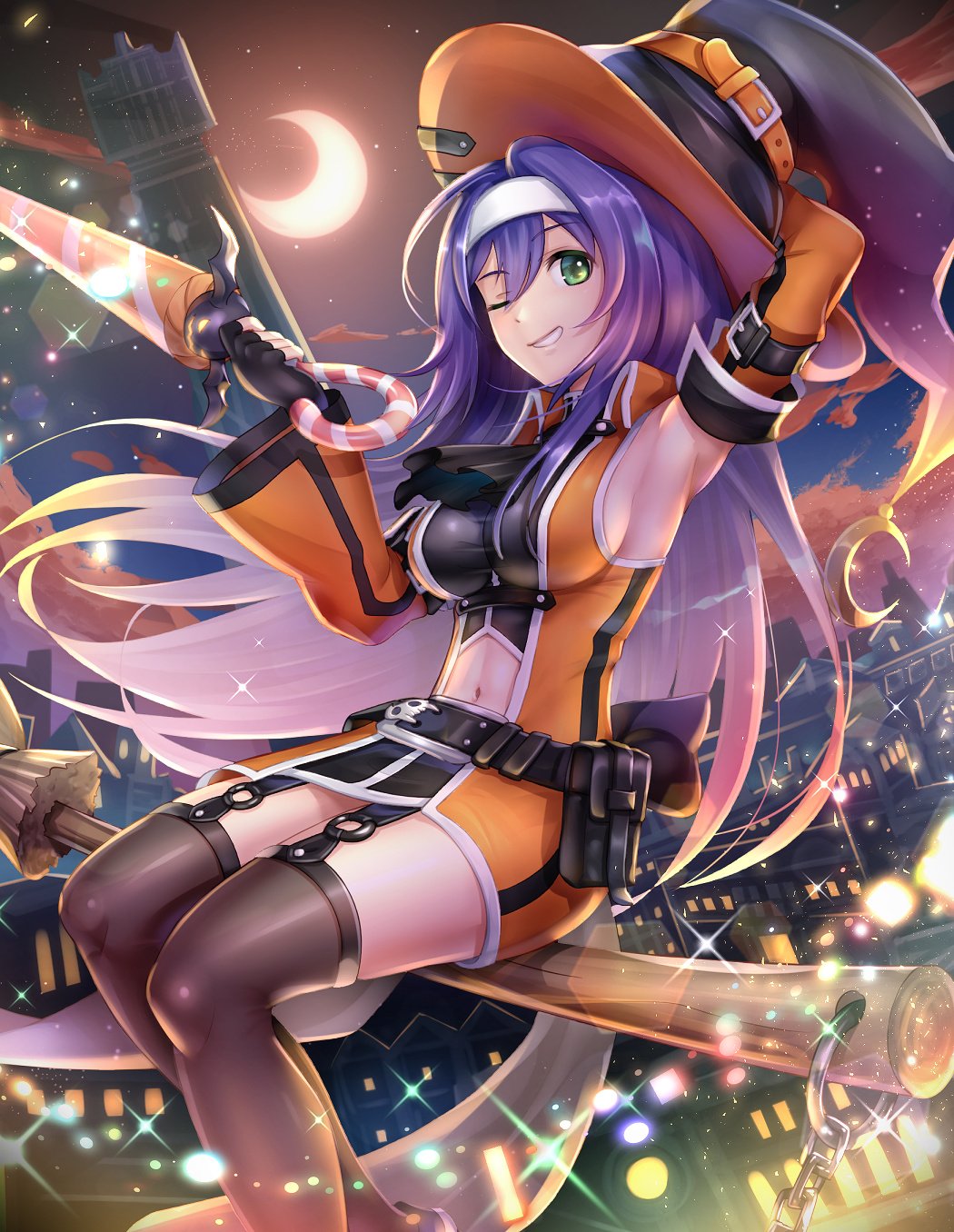 1girl blue_hair breasts broom broom_riding detached_sleeves fingerless_gloves fire_emblem fire_emblem:_souen_no_kiseki fire_emblem_heroes gloves gonzarez green_eyes halloween halloween_costume hat headband highres jack-o'-lantern long_hair looking_at_viewer nintendo purple_hair smile solo thigh-highs wayu_(fire_emblem) witch witch_hat