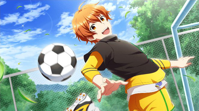 aoi_yusuke idolmaster idolmaster_side-m idolmaster_side-m_live_on_stage orange_hair red_eyes shirt short_hair smile soccer sports