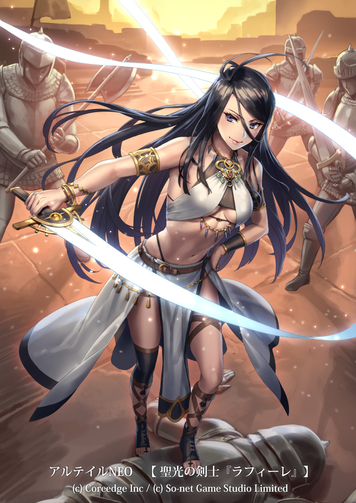 1girl 4boys alteil_neo armlet armor axe bare_shoulders battle_axe belt black_hair blue_eyes bracelet breasts closed_mouth commentary_request copyright_name cuboon full_body hand_on_hip helmet holding holding_sword holding_weapon jewelry lips medium_breasts midriff multiple_boys navel official_art open_toe_shoes outdoors pelvic_curtain shiny shiny_hair slashing smile sunset sword thigh_strap weapon