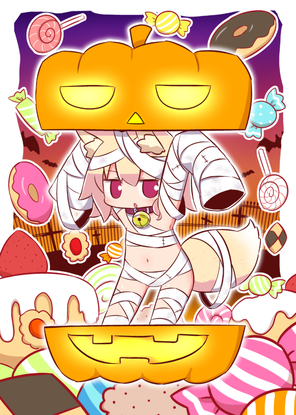 1girl :o animal_ear_fluff animal_ears arms_up bandage bandages bangs bell bell_collar blonde_hair blush brown_collar candy candy_wrapper checkerboard_cookie chibi collar commentary_request cookie doughnut eyebrows_visible_through_hair food fox_ears fox_girl fox_tail fruit hair_between_eyes highres jack-o'-lantern jingle_bell kemomimi-chan_(naga_u) lollipop long_hair long_sleeves naga_u naked_bandage navel original parted_lips red_eyes sidelocks sleeves_past_fingers sleeves_past_wrists solo standing strawberry swirl_lollipop tail