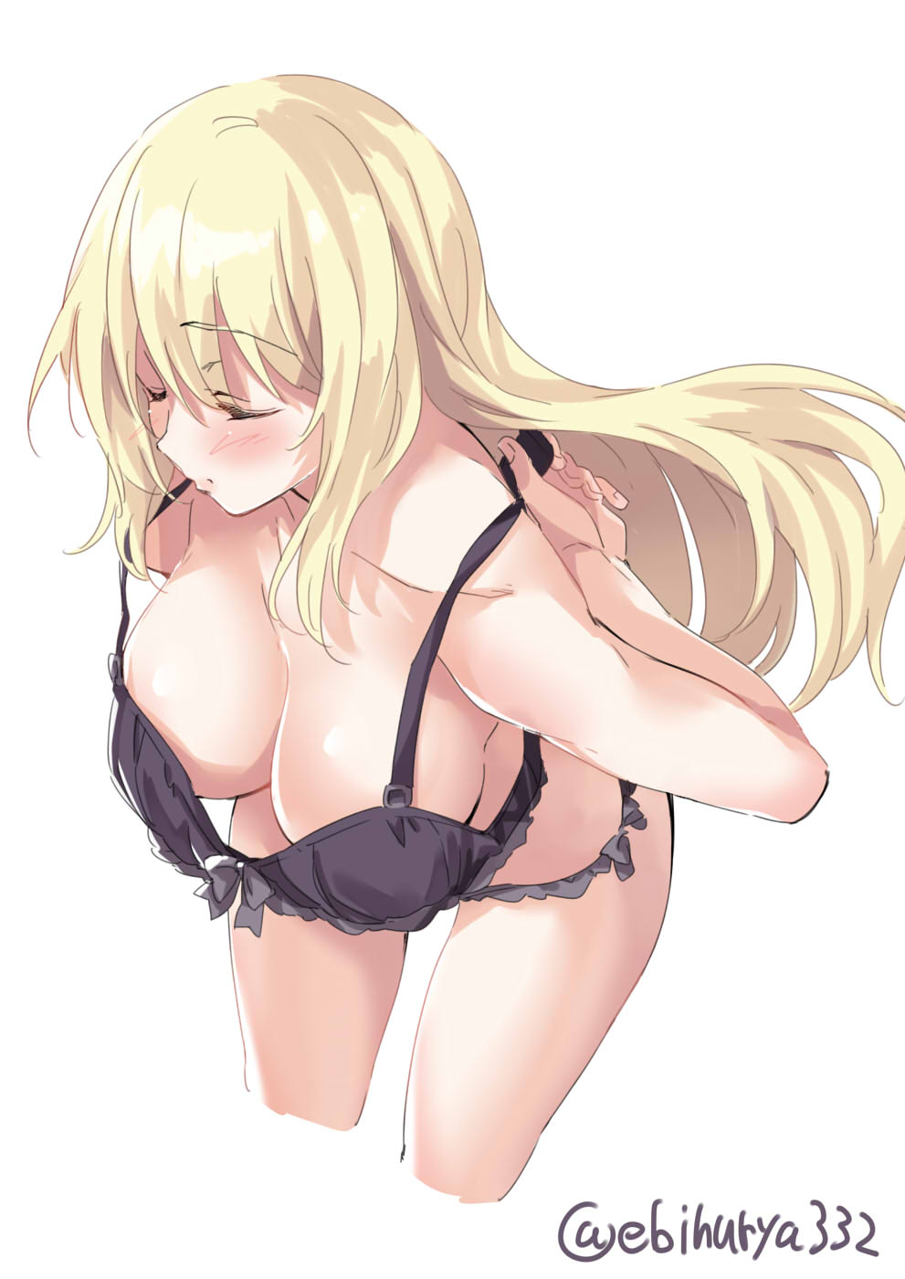 1girl atago_(kantai_collection) black_bra black_panties blonde_hair blush bra breasts closed_eyes closed_mouth ebifurya eyebrows_visible_through_hair highres kantai_collection large_breasts long_hair panties simple_background solo twitter_username underwear white_background