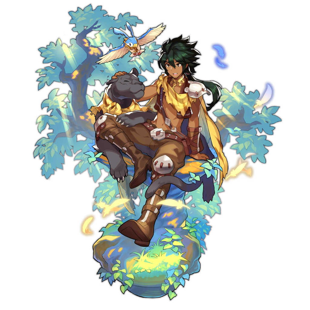 1boy artist_request bird brown_eyes cougar_(animal) dragalia_lost feathers green_hair leaf long_hair non-web_source official_art petting rawn roots shirtless sitting transparent_background tree