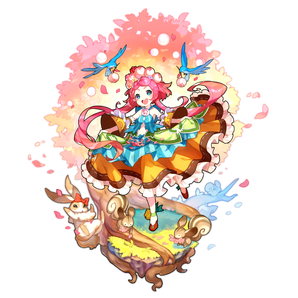 artist_request bird blue_eyes dragalia_lost flower hair_flower hair_ornament long_hair maribelle_(dragalia_lost) non-web_source official_art petals pink_hair rabbit roots squirrel