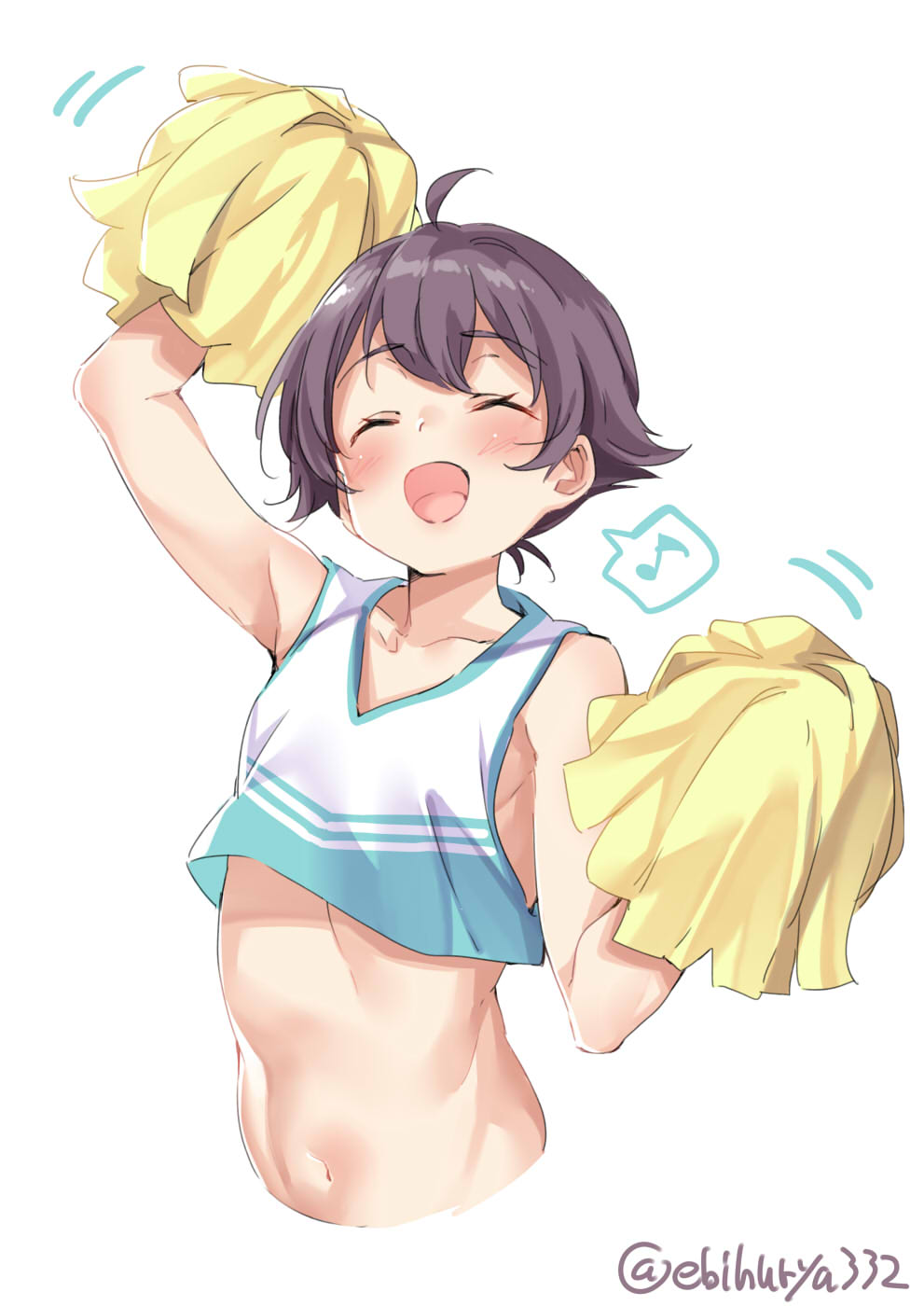 1girl ahoge cheerleader closed_eyes crop_top ebifurya eighth_note highres kantai_collection midriff musical_note navel open_mouth pom_poms purple_hair sakawa_(kantai_collection) short_hair simple_background smile solo spoken_musical_note upper_body white_background