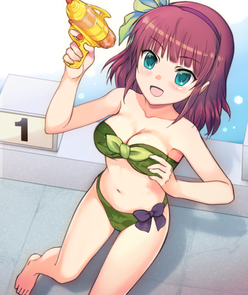 1girl angel_beats! bandeau barefoot bikini bow breasts cleavage commentary_request foot_out_of_frame front-tie_top green_bikini green_eyes hair_bow hairband medium_breasts medium_hair purple_hair ryoui_(ry_tya) solo starting_block strapless strapless_bikini swimsuit water_gun yuri_(angel_beats!)