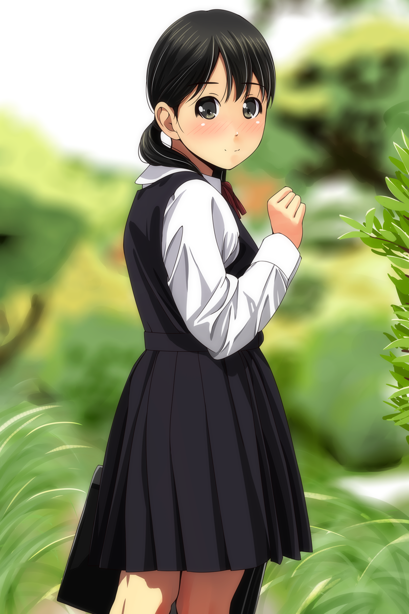 1girl bangs black_dress black_hair blurry blurry_background blush brown_eyes closed_mouth collared_shirt commentary_request depth_of_field dress eyebrows_visible_through_hair hand_up highres long_hair long_sleeves looking_at_viewer looking_back low_twintails matsunaga_kouyou neck_ribbon nose_blush original pleated_dress red_ribbon ribbon school_briefcase school_uniform shirt sleeveless sleeveless_dress smile solo twintails white_shirt
