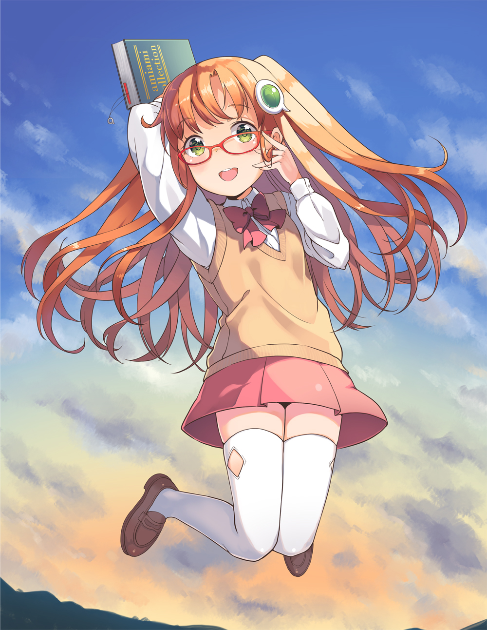 1girl :d amiami_(company) amico arm_behind_head arm_up bangs blush book bow bowtie day dress_shirt eyebrows_visible_through_hair glasses green_eyes hair_ornament hand_up highres holding holding_book jumping loafers long_hair long_sleeves looking_at_viewer midair miniskirt official_art open_mouth orange_hair red-framed_eyewear red_neckwear red_skirt round_teeth school_uniform shirt shoes skirt sky smile solo sweater_vest teeth thigh-highs thigh_cutout two_side_up white_legwear white_shirt yumekui zettai_ryouiki