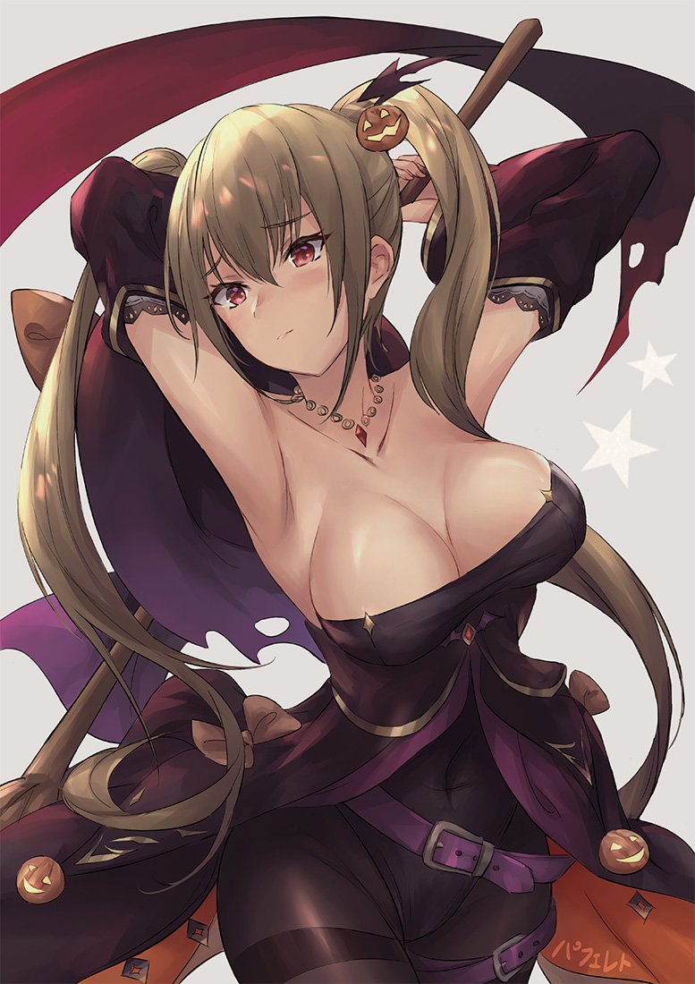 1girl alternate_costume armpits arms_behind_head arms_up azur_lane bangs bat_hair_ornament belt black_legwear blonde_hair blush breasts broom buckle cape cleavage cowboy_shot detached_sleeves dress embarrassed food_themed_hair_ornament hair_ornament halloween halloween_costume hat hat_removed headwear_removed holding holding_broom holding_hat jack-o'-lantern jewelry large_breasts leotard long_hair looking_at_viewer necklace nelson nelson_(azur_lane) pantyhose parfaitlate potion pumpkin_hair_ornament purple_leotard red_eyes ruby_(stone) shaded_face sidelocks signature simple_background solo thigh_strap thighband_pantyhose twintails very_long_hair white_background wide_sleeves witch_hat
