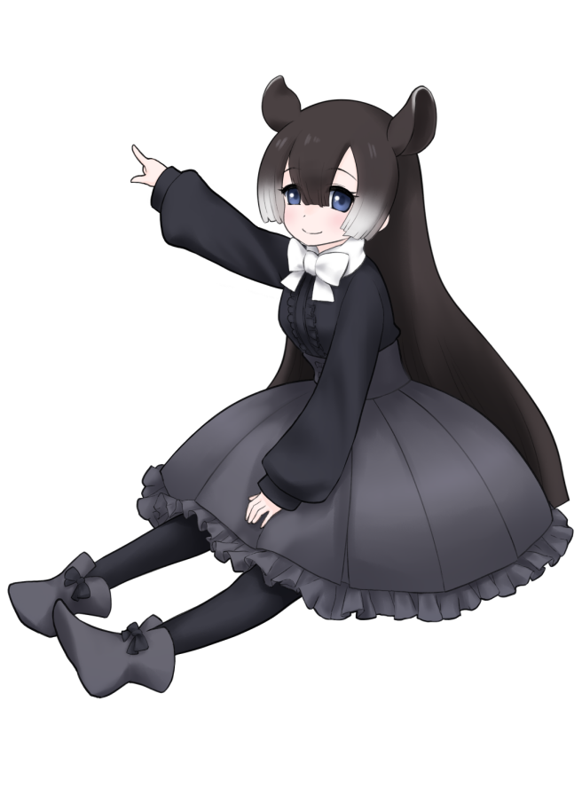 1girl animal_ears black_footwear black_legwear black_shirt blue_eyes boots bow bowtie brown_hair bubble_skirt center_frills character_request extra_ears eyebrows_visible_through_hair frilled_skirt frills full_body grey_skirt hair_between_eyes high-waist_skirt ise_(0425) kemono_friends long_hair long_sleeves multicolored_hair outstretched_arm pointing puffy_sleeves shirt simple_background sitting skirt smile solo very_long_hair white_background white_hair white_neckwear