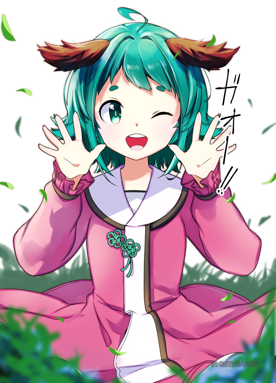 1girl ahoge animal_ears artist_name blush commentary_request cowboy_shot dress grass green_eyes green_hair hands_up highres kasodani_kyouko leaf long_sleeves looking_at_viewer namauni one_eye_closed pink_dress short_hair simple_background smile solo thick_eyebrows touhou translated white_background