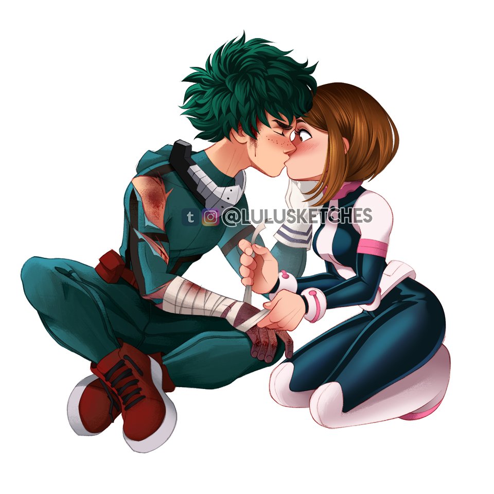 1boy 1girl bandage bandaged_arm bandages bleeding blood blush bodysuit boku_no_hero_academia boots breasts brown_eyes brown_hair bruise closed_eyes cuts freckles green_hair injury kiss kneeling laura_price medium_breasts messy_hair midoriya_izuku short_hair sidelocks sitting twitter_logo twitter_username uraraka_ochako watermark white_background